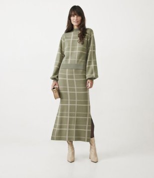 Saia Midi Em Tricô Com Estampa Xadrez Diferenciado Verde