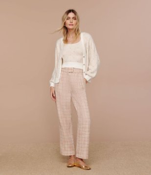 Calça Reta Em Tweed Com Cós Alto E Estampa Xadrez Bege