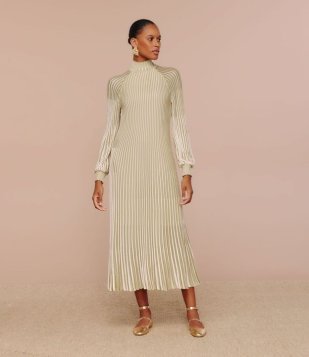 Vestido Midi Em Tricô Com Plissados Verde