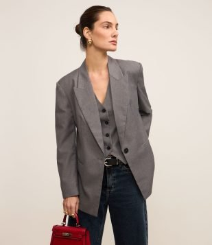 Blazer Oversized em Alfaiataria com Botão Único Cinza