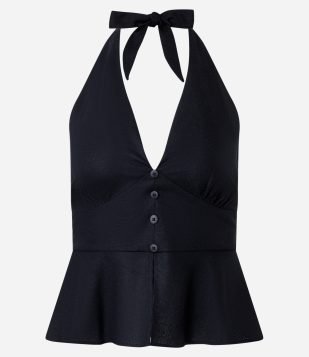 Blusa Colete Frente Única em Viscolinho com Amarração Preto