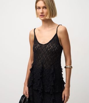 Blusa Rendada com Alças Finas e Pontas Assimétricas Preto