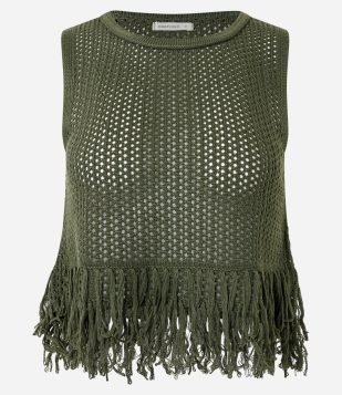 Blusa em Tricô com com Ponto Trabalhado e Franjas Verde