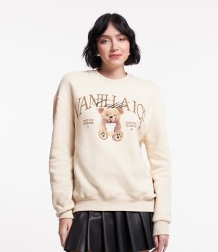 Blusão Alongado em Meia Malha com Estampa Ursinho Bege