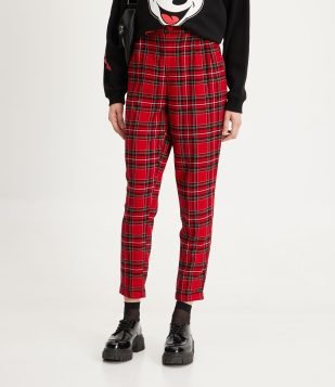 Calça Cenoura Alfaiatada com Estampa Xadrez Vermelho
