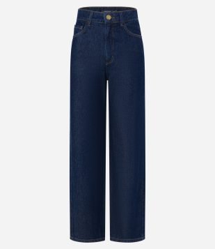 Calça Reta Jeans Comfort com Cintura Alta Azul Escuro