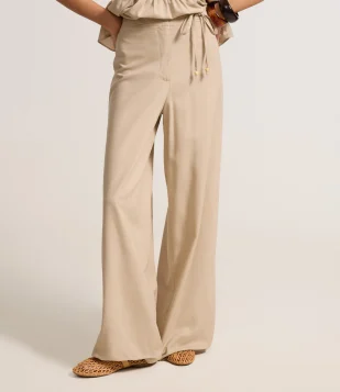 Calça Reta em Viscose com Linho e Amarração Lateral Bege
