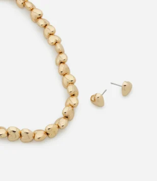 Conjunto de Colar Curto e Brinco Botão com Beads de Coração Bold Dourado