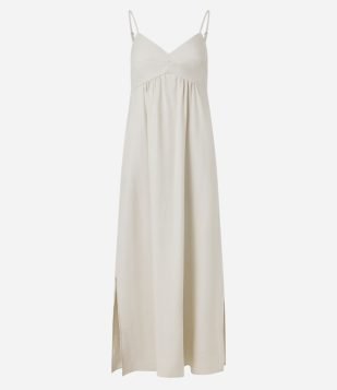 Vestido Midi Evasê em Viscose com Decote Coração Off White