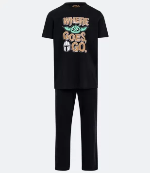 Pijama Longo Em Algodão Com Estampa Do Baby Yoda E Manga Curta Preto