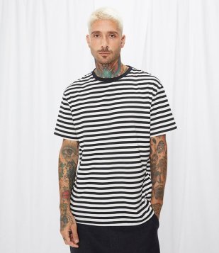 Camiseta Regular Em Algodão Com Estampa Listrada Preto/Branco