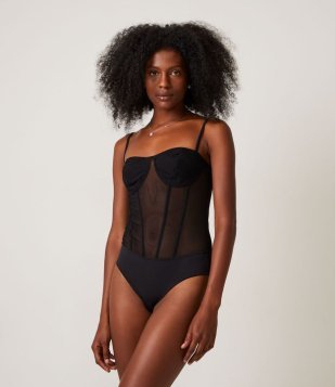 Body Corset De Alças Em Tule Com E Tiras Preto
