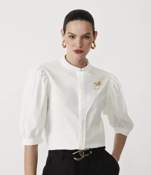 Camisa Em Viscose Com Transpasse E Broche Metalizado Branco Neve