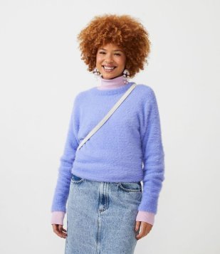 Blusão Suéter Alongado Em Tricô Com Pelinhos Roxo