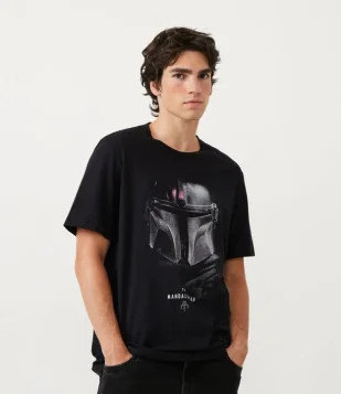 Camiseta Regular em Meia Malha com Estampa The Mandalorian Preto