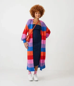 Casaco Longo Em Tricô Com Abertura Frontal E Estampa Listrada Azul/ Roxo/ Vermelho