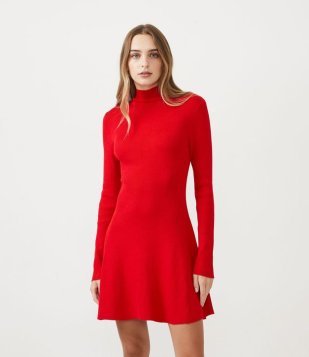 Vestido Curto Evasê Em Tricô Com Gola Alta Vermelho