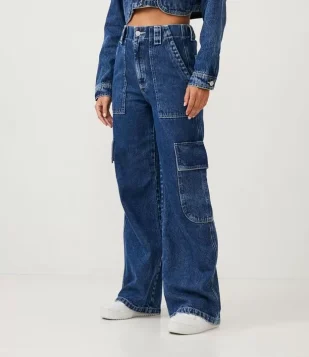 Calça Wide Leg Jeans Com Cintura Alta E Bolsos Cargo Azul