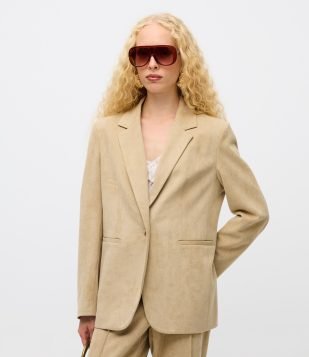 Blazer em Suede com Lapela e Bolsos Laterais Bege