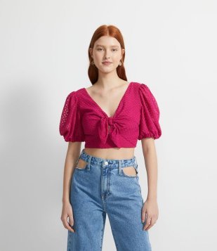 Blusa Em Poliéster Texturizada Com Amarração Rosa
