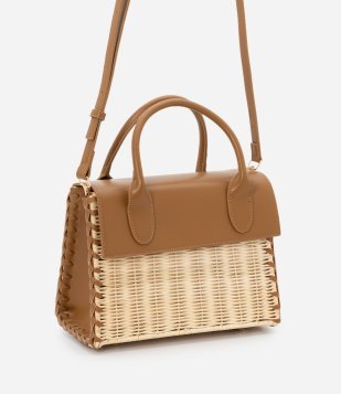 Bolsa Satchel Média em Palha Bege