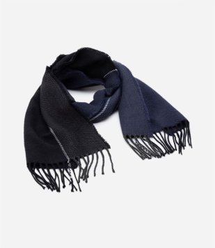 Cachecol Em Lã Acrílica Com Textura Sarjada E Franjas Azul/ Cinza