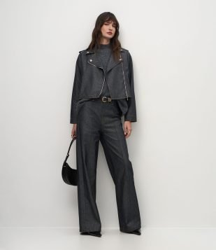 Calça Wide Leg em Jeans com Cintura Alta e Cós Alfaiatado Preto