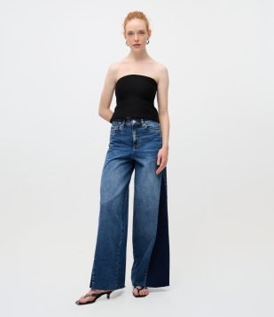 Calça Wide Leg em Jeans com Recorte Lateral e Cintura Média Azul