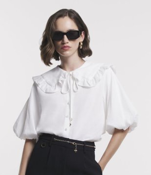Camisa Manga Bufante Em Algodão Maquinetado Com Gola Boneca Off White