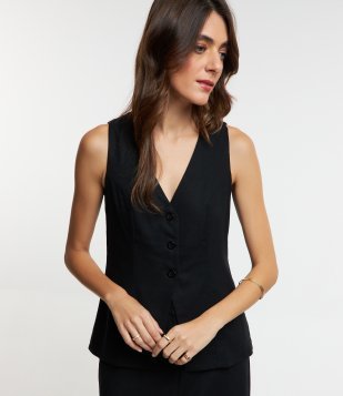 Colete Alongado em Viscolinho com Decote V Preto