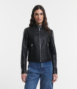 Jaqueta Em Pu Com Zíper Nos Bolsos E Mangas Preto