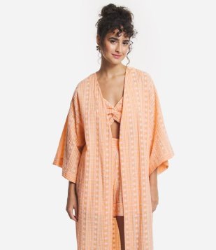 Kimono Longo Em Laise Com Estampa Boho Laranja