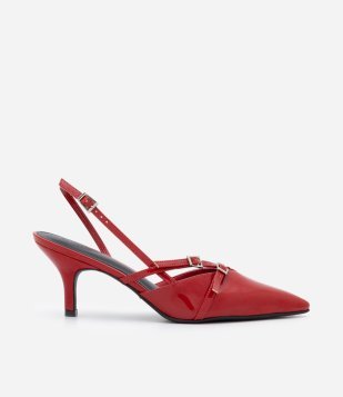 Sapato Scarpin Slingback com Fivelas e Bico Fino Vermelho