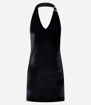 Vestido Curto em Veludo Frente única com Aviamento na Alça Preto
