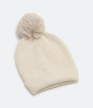 Gorro em Tricô com Textura Canelada e Pompom Off White