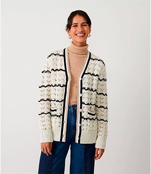 Cardigan Em Tricô Com Listras E Botão Forrado Branco Neve
