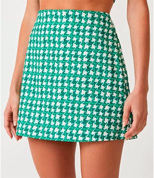 Saia Curta em Tweed Pied de Poule Verde/Branco 