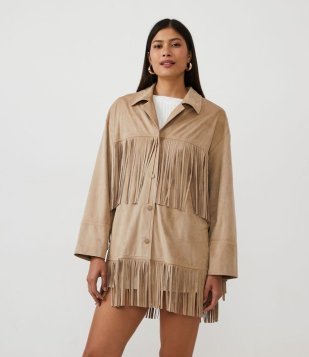 Jaqueta Alongada Em Suedine Com Franja Dupla Bege