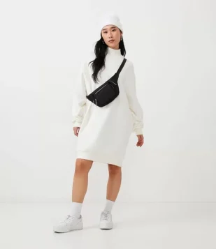 Vestido Curto Em Moletom Com Golinha Alta E Manga Longa Branco Neve