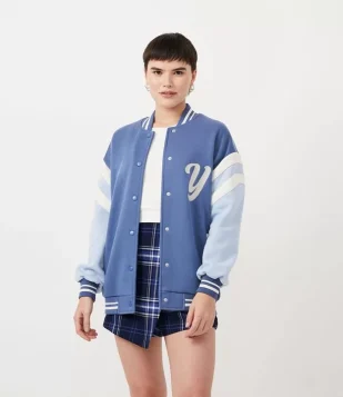 Jaqueta Bomber Alongada Em Moletom Com Mangas Contrastantes Azul