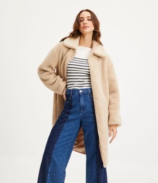 Casaco Alongado Em Sherpa Bege