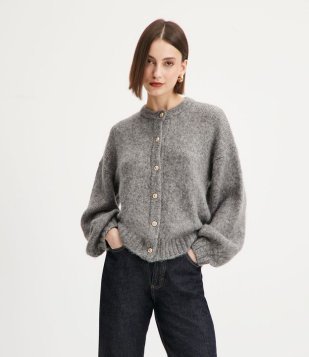 Cardigan Em Tricô Com Mangas Bufantes E Botões Texturizados Cinza