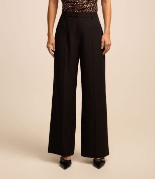 Calça Reta Alfaiatada Cintura Alta com Frisos Preto