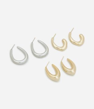 Kit 03 Brincos Argolas com Formato Oval Dourado-Prata