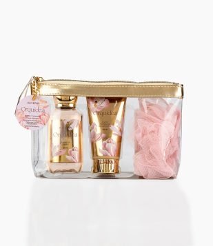 Kit Nécessaire Orquídea com Sabonete Liquido + Hidrante Corporal e Esponja de Banho Mães Alchemia KIT