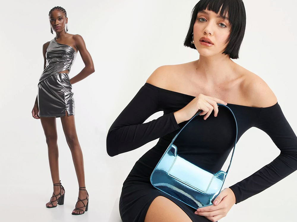 Roupa metalizada e bolsa metalizada