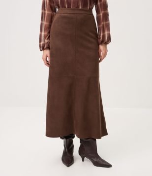 Saia Midi em Suede com Recortes Estruturados Marrom