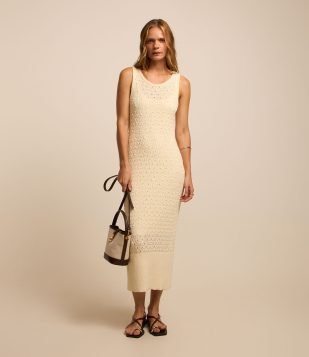 Vestido Reto Midi Sem Manga em Tricô Texturizado Off White