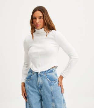 Blusa Canelada Com Gola Alta E Manga Longa Branco Neve