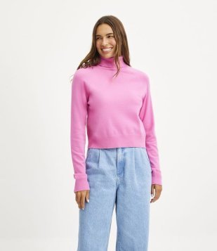 Blusa Em Tricô Com Gola Alta E Manga Longa Rosa